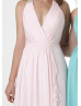 V Neck Beaded Halter Ruched Chiffon Bridesmaids Dress